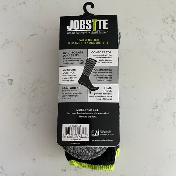 Gold Medal Intl Jobsite 3 Pairs Crew Socks Made for Work Blk Grn Shoe Sz 6-12 - Picture 3 of 5